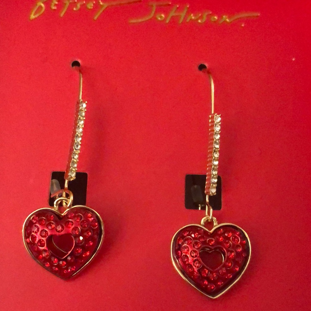Betsey Johnson Puffy Red Heart Drop Earrings With Cutout & Red Crystal NIB